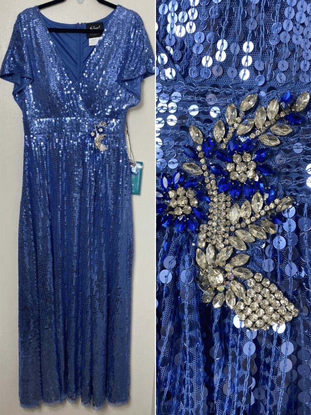 Mac Duggal Blue Sequin Mother of the Bride Dress Wedding Guest Floral Brooch